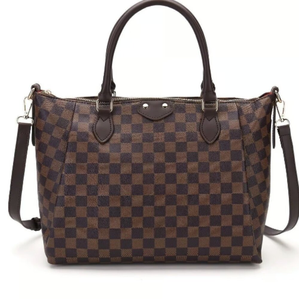 TWENTY FOUR Brown Checkered Large 17" Shoulder Tote Crossbody Handbag w/ Strap